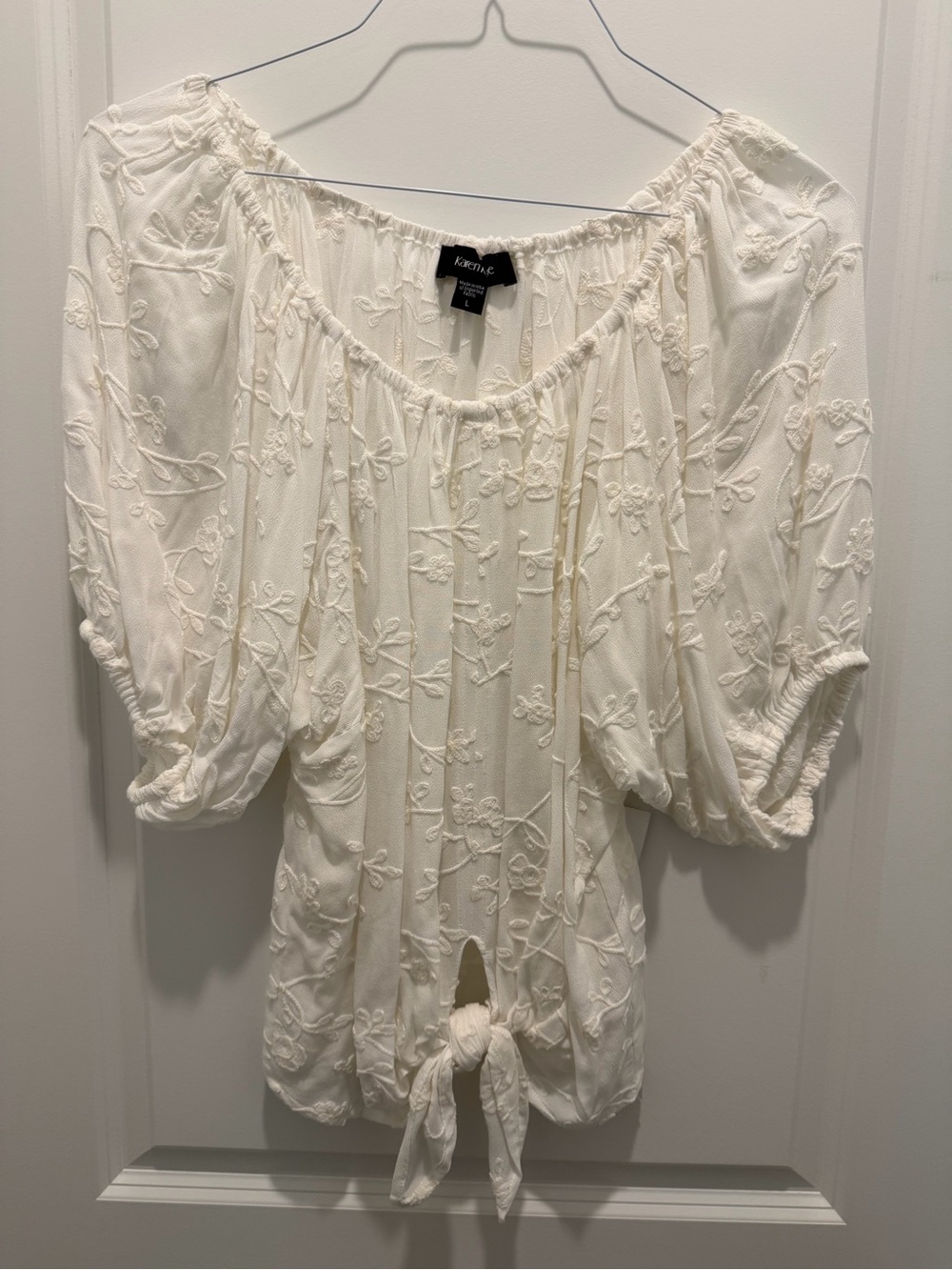 Karen Kane Ivory Embroidered Tie-Front Peasant Blouse